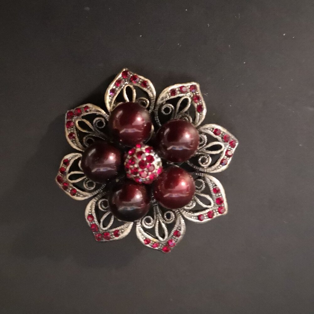 Floral Red Cabochon Beads & Rhinestones in a Silver Tone Filigree Base Brooch